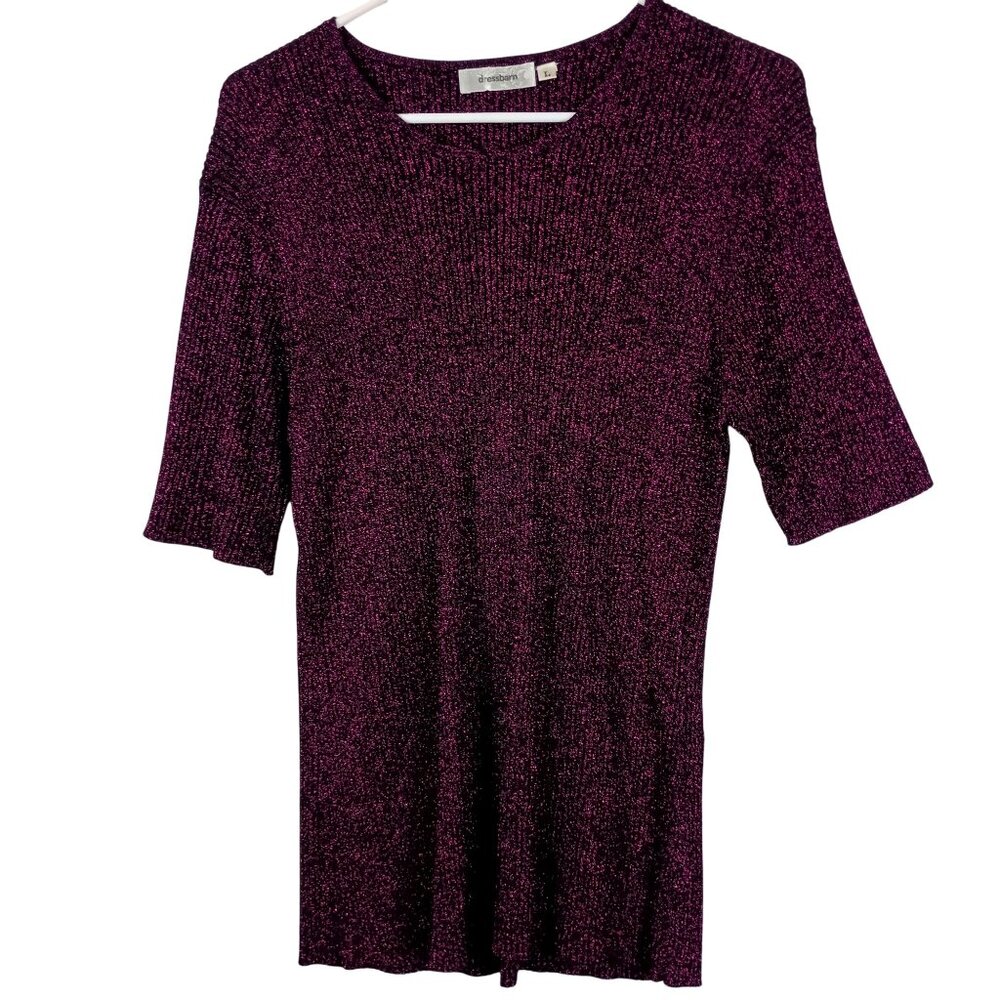 Dress Barn Metallic Ribbed Knit Top Womens L Burgandy Sparkle Shimmer Party Glam